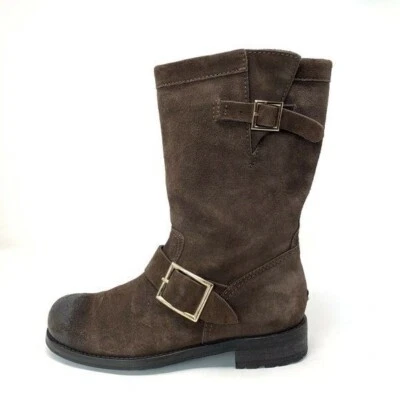 JIMMY CHOO размер 6 замшевые Moto середины икры ботинки коричневый искусственно состаренная пряжка - Изображение 1 из 4