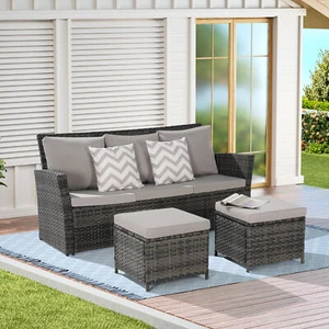 3 Piece Patio Furniture Set, Outdoor Wicker Sofa Rattan Patio Conversation Sets, - Picture 1 of 2