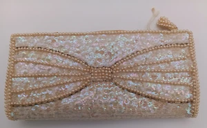 Vintage La Regale Sequin and Beaded Wedding Clutch Ivory Bow, Brown Iridescent - Picture 1 of 7