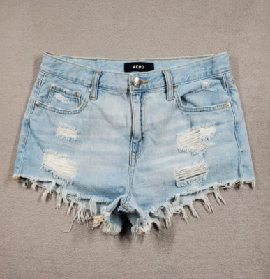 Pantalones Cortos Aeropostale Para Mujer 6 Cortes Tiro Alto Cortos Lavado Ligero Denim Rasgado Foto 1 de 4