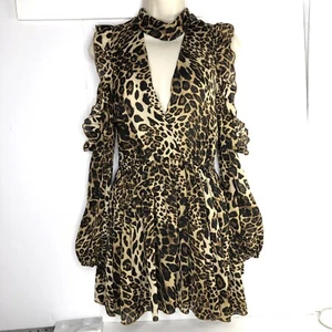 Oh Polly Open Shoulder Leopard Animal Print Mini Dress Size 2 Balloon Sleeves - Picture 1 of 6