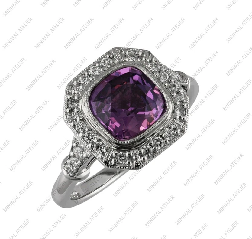 Amethyst Gemstone Purple Halo Ring, 925 Sterling Silver Gold Plated Gift For Her - Image 1 of 4