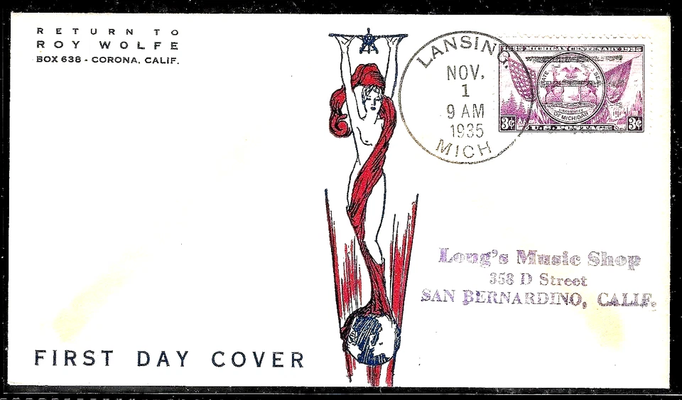 775 3c Stamp (1935) MICHIGAN STATEHOOD CENTENARY FDC BY ROY WOLFE (UNLISTED) - Image 1 of 1