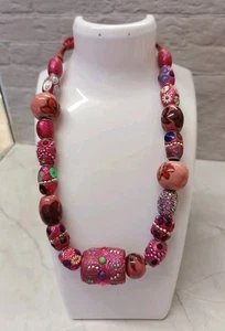 Pink Cord Glittery Ceramic Beaded Necklace Pull Cord Adjustable VGC - Picture 1 of 2