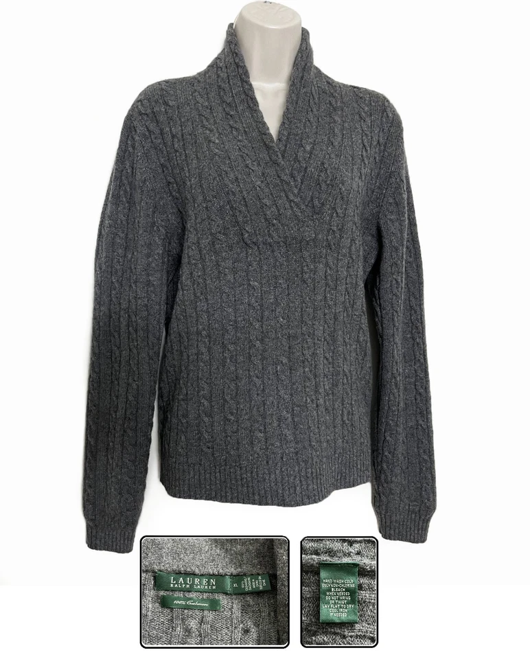 ❤️ Ralph Lauren женщин 100% кашемир шаль воротник v-образным вырезом кабель свитер • серый • XL - Изображение 1 из 4