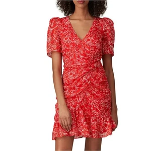 Parker Red Silk Chiffon Mini Dress SIZE 10 Faux Wrap Floral Ruffle Romantic $400 - Picture 1 of 11