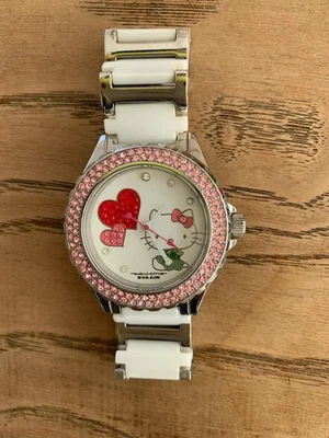 Sparkling Presence Hello Kitty Metal White Silver Pink Jewel Heart Wristwatch - Image 1 of 4
