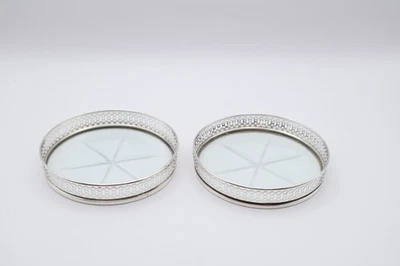 Vintage Pair of Sterling Silver Mounted Glass Drink Coasters Stamped Sterling — 第 1/4 张图片