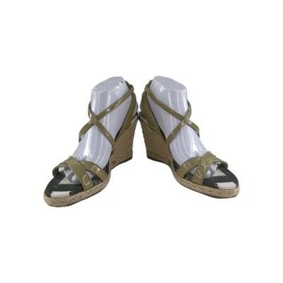 Burberry Nova Check Wedge Espadrilles US 8.5 Womens Beige Patent Strap Sandals - Image 1 of 4