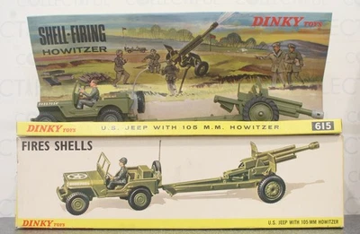 Dinky 玩具 #615 - 美国 JEEP 带 105 毫米 HOWITZER (CANNON)- 军用完好🔥 — 第 1/4 张图片