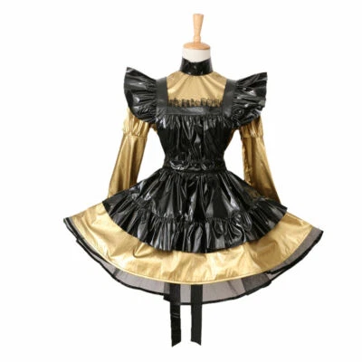 Disfraz de uniforme de vestido de PVC dorado con cerradura para niña Sissy {Envío gratuito Foto 1 de 4