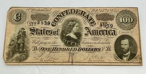 1864 $100 Confederate States of American Note - Picture 1 of 2