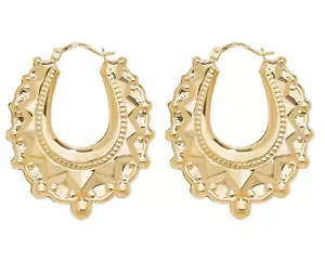 9ct Gold on Silver Large Victorian Gypsy Spiked Oval Creole Hoop Earrings - Picture 1 of 8