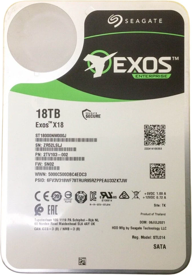 Seagate Exos X18 18TB, Internal, 7200RPM, 3.5" (ST18000NM000J) Hard Drive