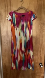 Chetta B Tropical Colors Cap Sleeve Packable Jersey Gold Accent Dress Sz 2 EUC - Picture 1 of 6