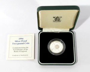 Moneda de dos libras de plata del tercer centenario del Banco de Inglaterra 1994 £2 en caja certificado de autenticidad S23 - Imagen 1 de 6