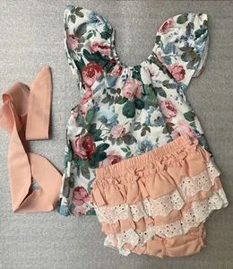 Baby Girl 2 Piece Outfit. Floral Shirt, Bloomers With Lace & Headband. 6-12m - Picture 1 of 3