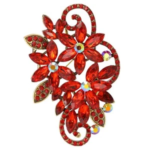 Wedding Flower Red Rhinestone Crystal Leaf Broach Brooch For Women Pin - Picture 1 of 6