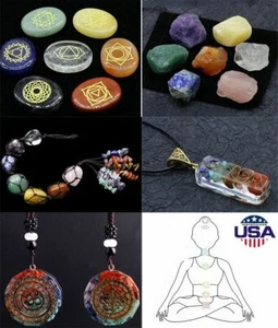 Healing 7Pcs Chakra Engraved Symbols Crystal Palm Worry Stones Set Reiki Energy - Picture 1 of 22