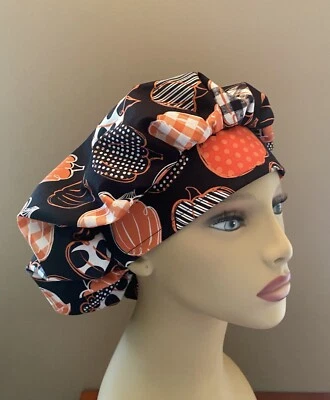 Fall Pumpkin Bouffant  surgical scrub cap hat women made with Pumpkins Fabric - Image 1 of 4