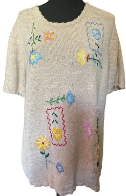 Salon Studio Haband Womens Knit Ramie Beige Floral Sweater Blouse Shirt Sz Large Foto 1 de 4