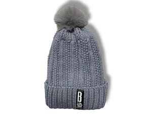 G Stone Collection Grey Knit Beanie Hat Faux Fur Pom Pom Winter Warm Soft Ribbed - Picture 1 of 5