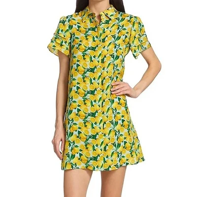 Alice + Olivia Jem Mini Shirt Dress Lemon Squeeze Print Floral Fruit Blue S - Image 1 of 4