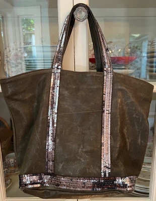 Bolso de Mano Vanessa Bruno Cuero Verde Lentejuelas, Le Cabas, Vintage, Roto Foto 1 de 4