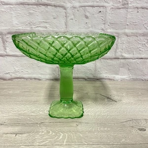 Large Vtg Green Glass Weave Pedestal Serving Bowl Compote Fruit 9" x 9" - Picture 1 of 12