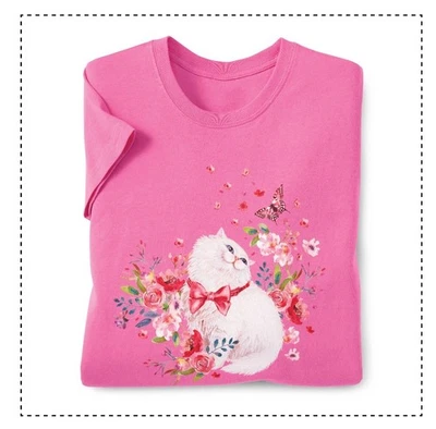 SITTING KITTY PRINTED AZALEA COTTON TEE SHORT SLEEVE WOMENS LG PINK - Изображение 1 из 4