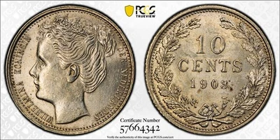 NETHERLANDS 10 Cents 1903, Silver, PCGS MS 62 Original UNC Nice Luster, Rare. K6 - Image 1 of 3