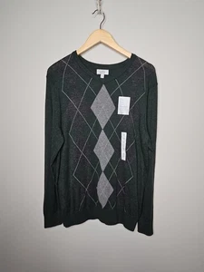 Croft & Borrow Sweater Men M Green Gray Argyle Preppy Cotton Modal Tennis - Picture 1 of 14