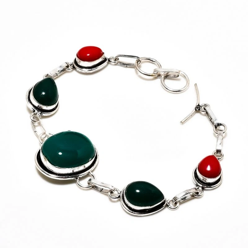 Brazalete Joyería Chapado en Plata 925 Piedras Preciosas Coral Rojo Ónix Verde 6-8" Foto 1 de 1