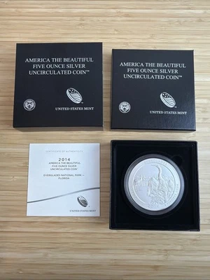 America the Beautiful Five Ounce Silver Quarter Coin Everglades 2014 NR5 - Image 1 of 4