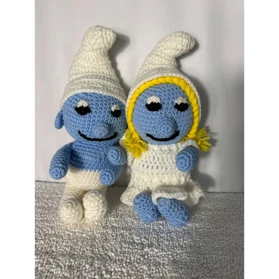 Pitufo y pitufina de ganchillo vintage hechos a mano azul blanco pitufo 15" Foto 1 de 4