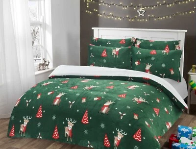 OLIVIA ROCCO Reindeer Teddy Fleece Green XMAS Duvet Cover Set Super Soft Warm Thermal Bedding