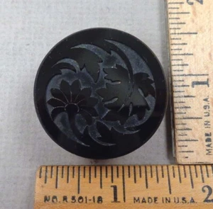 FLOWER & LEAF Antique Black Glass BUTTON, Intaglio / Impressed Design, Large - Picture 1 of 2