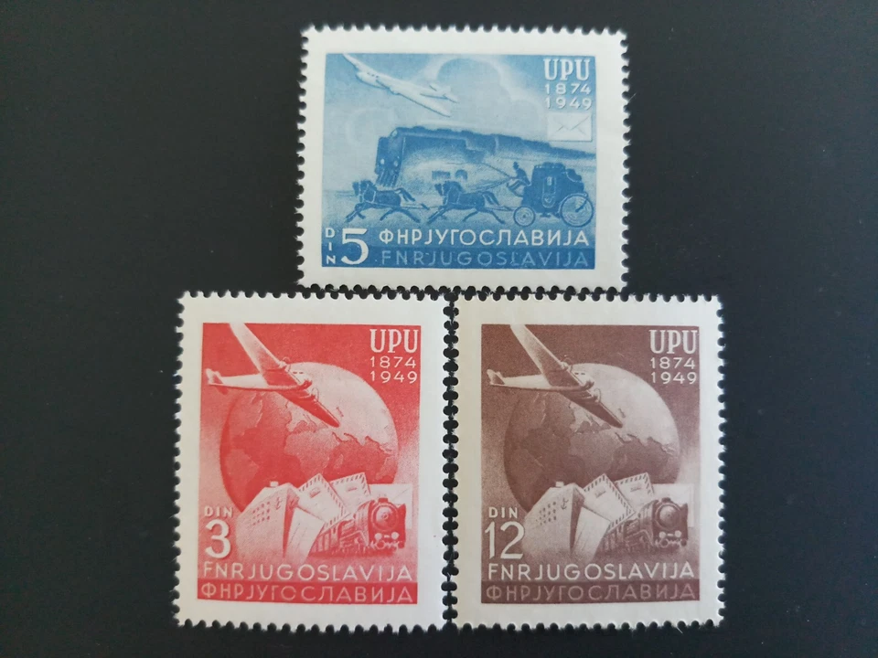 Estampillas de Yugoslavia - Comunicaciones postales UPU 75 aniversario MNH Sc#265-7 Foto 1 de 1