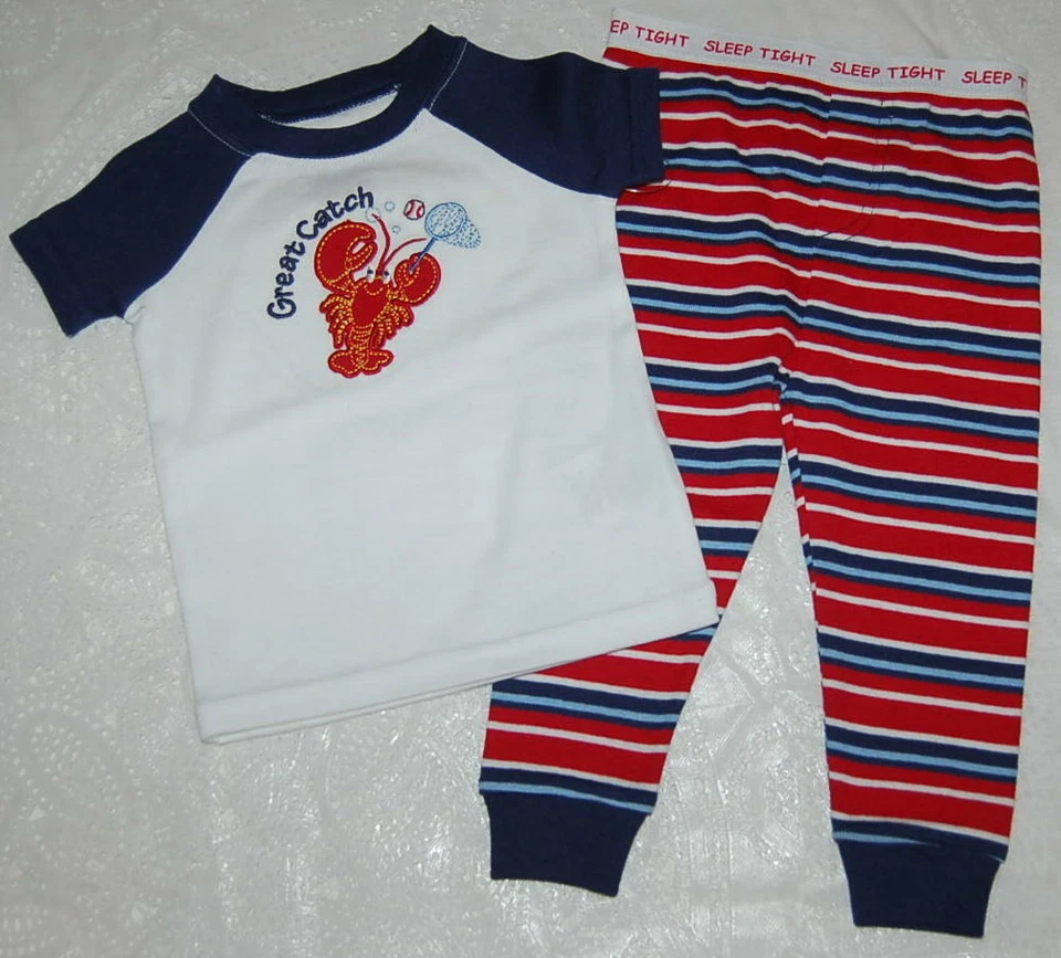 Baby Boys Pajamas GREAT CATCH White S/S Top LOBSTER Red Blue Stripe Pants 12 MO - Image 1 of 1