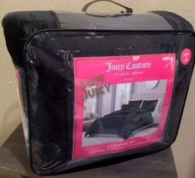Juicy Couture Black JC Monogram Embossed Plush 4p QUEEN Comforter Set Soft &Cozy - Image 1 of 4