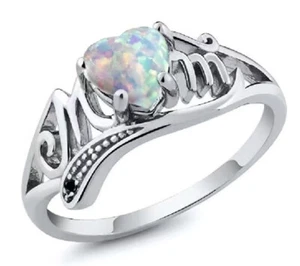 Opal Heart Mom Ring Size 8 Cutout Mom 925 Sterling Silver Rainbow Mother Gift - Picture 1 of 14