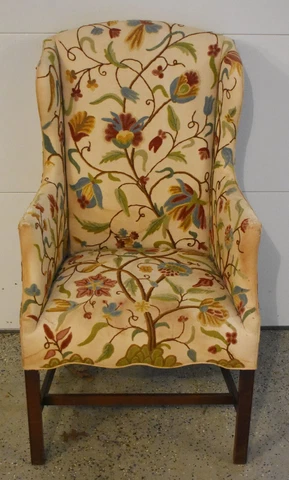 Southwood Chippendale Style Mahogany Wing Chair Crewel Work Floral Fabric Cover
