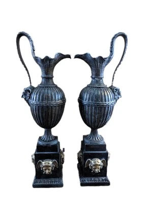 Bronze Pair Neo-Classical Verdigris Baluster Ewer Mantle Neoclassical Urn Satyr  - Image 1 of 4