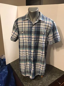 Sonoma Men’s SS Button Down Shirt Blue Aqua Red Plaid Cotton L Dual Pockets - Picture 1 of 12