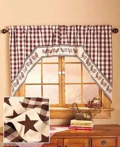Swag-Style Country Primitive Gingham Western Lone Star Kitchen Window Curtain - Picture 1 of 2