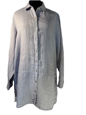 Tahari 100% 亚麻浅蓝色纽扣束腰上衣,尺寸 M 沿海极简主义者 — 第 1/4 张图片