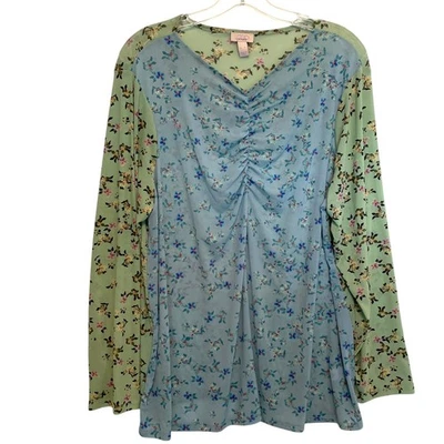 ЛОГОТИП слоев на Lori Goldstein сетки собранными в Рюш Топ женщин XL синий зеленый смешанный цветочный - Изображение 1 из 4