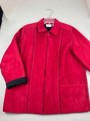 Alfred Dunner Red with Black Cuffs 14 Faux Suede Oversized Zipper Jacket Holiday - Image 1 of 4