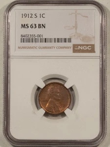 1912-S LINCOLN CENT - NGC MS-63 BN, LOOKS RB! - Picture 1 of 3