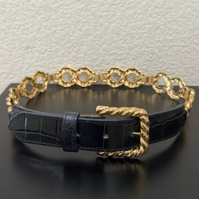 Cinto Vintage CIPRIANI Couro de Bezerro Jacaré Italiano Meia-Noite Azul Marinho Dourado Link - Imagem 1 de 4